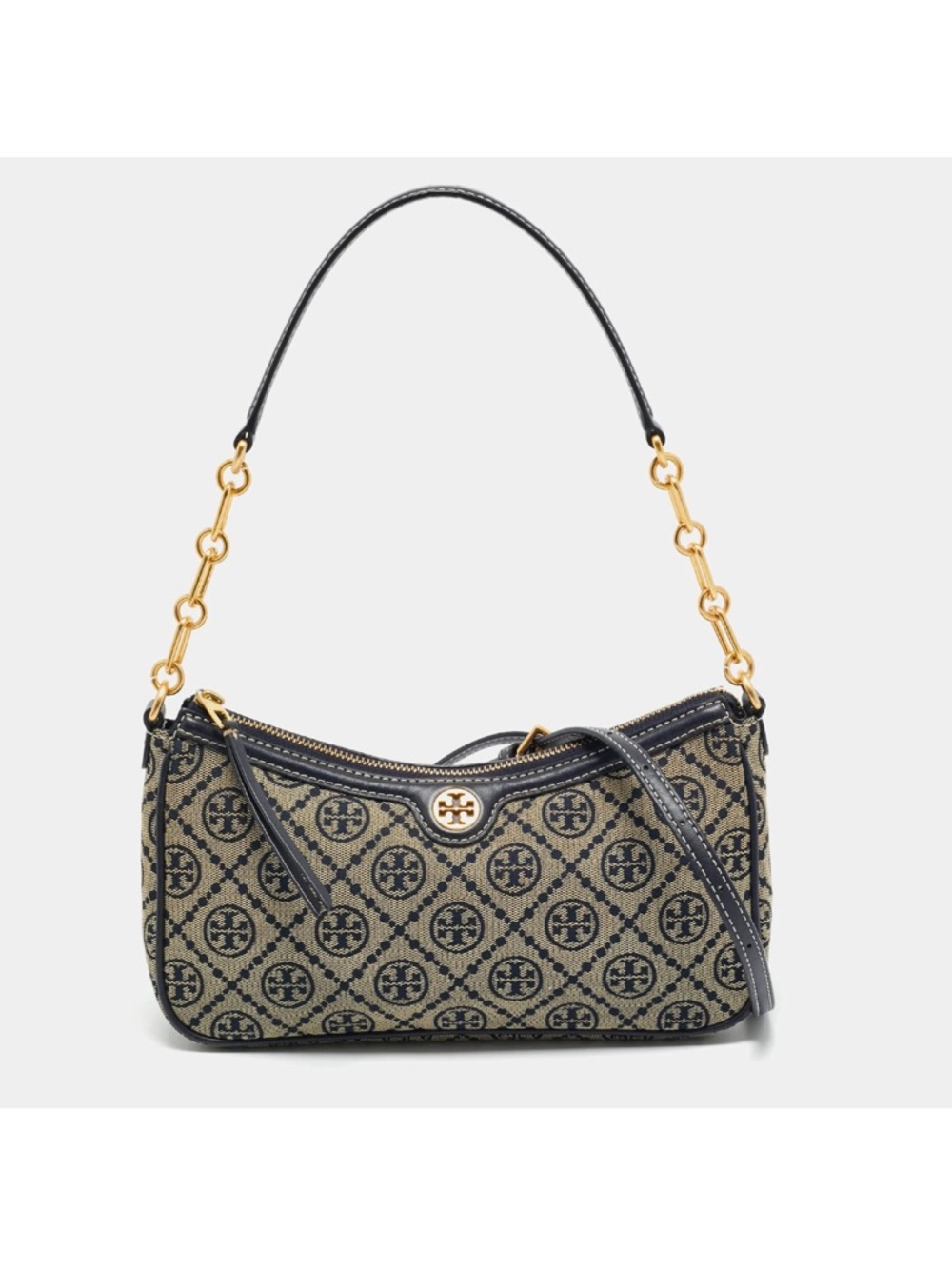 Tory Burch Black and Beige Logo Jacquard Shoulder Bag with Gold Hardware